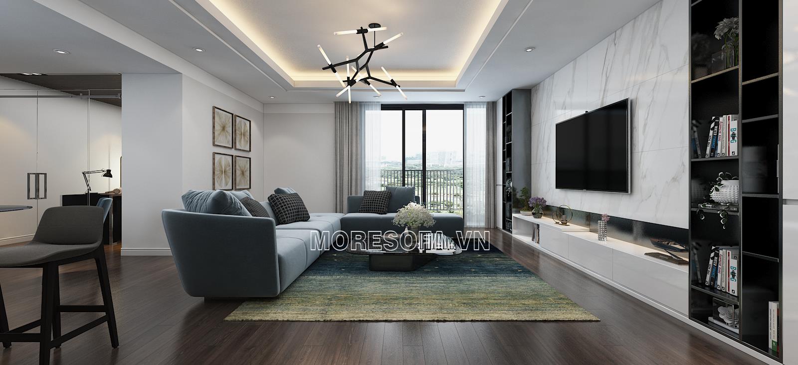 Trang trí phòng khách đẹp với bộ sofa góc l bọc nỉ nhập khẩu