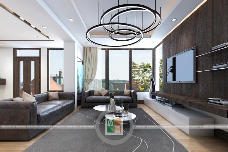 Trang trí nội thất phòng khách với đồ nội thất sử dụng tông màu veneer trầm mang đến sự trang trọng và hiện đại cho không gian nội thất.