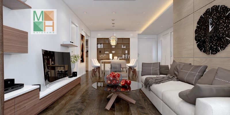 Trang trí phòng khách độc đáo với đồ nội thất nhỏ gọn tiện nghi: đồng hồ treo tường độc đáo, kệ ti vi, bộ sofa màu trắng