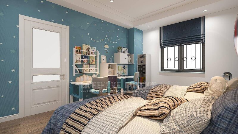 Thiết kế phòng ngủ của con với góc học tập được trang trí bắt mắt sẽ là gợi ý khá thú vị, bạn có thể tham khảo ý tưởng thiết kế phòng ngủ của 2 cậu con trai với bàn học được bố trí tách rời và cách bố trí kệ trang trí, giá để đồ như trong đây. Tùy từng diện tích nhà bạn có thể bố trí phù hợp với căn hộ, nhà phố hay nhà biệt thự của mình. Thiết kế nội thất biệt thự
