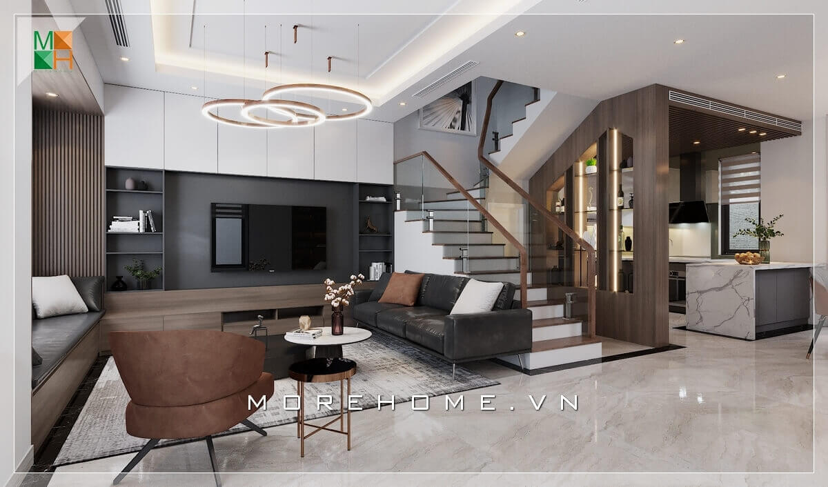 Phối cảnh nội thất phòng khách liền bếp đẹp cho biệt thự, nhà phố, căn hộ cao cấp. Thiết kế nội thất biệt thự
