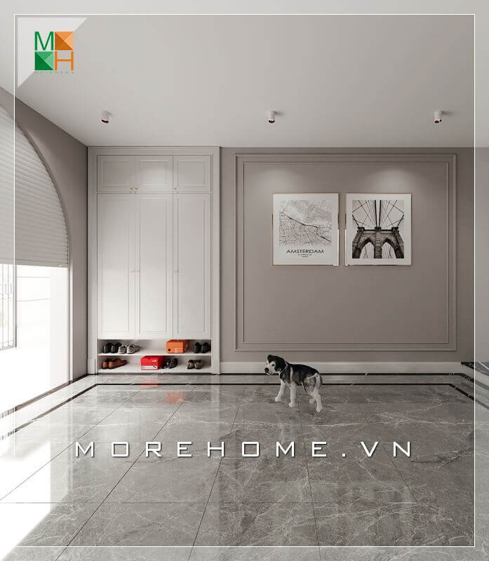 Một căn phòng để xe biệt thự trở nên đẹp hơn khi sử dụng hai tran canvas treo tường với họa tiết rất sinh động. Thiết kế nội thất biệt thự