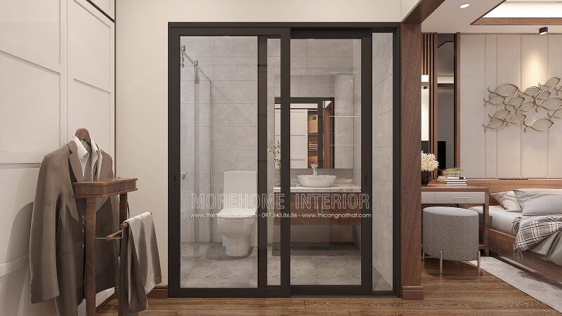 Là mẫu bố trí nội thất phòng ngủ khép kín phong cách hiện đại khá phù hợp cho các bạn nam thanh niên mới lớn hay người đi làm, ý tưởng sử dụng kệ để quần áo tiện lợi sẽ là ý tưởng giúp bạn tiết kiệm đáng kể thời gian tìm trang phục ưng ý.