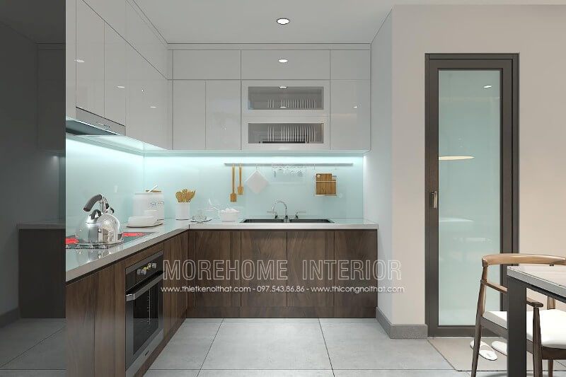 Mẫu tủ bếp chữ L ấn tượng được gia chủ lựa chọn vừa tiết kiệm vừa mang lại sự sang trọng, vừa tiết kiệm được tối đa diện tích cho không gian thêm rộng và thoáng hơn.